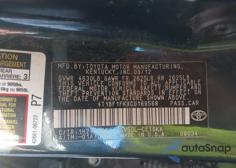 2012 Toyota Camry Se из США, поврежденный, VIN 4T1BF1FKXCU169568